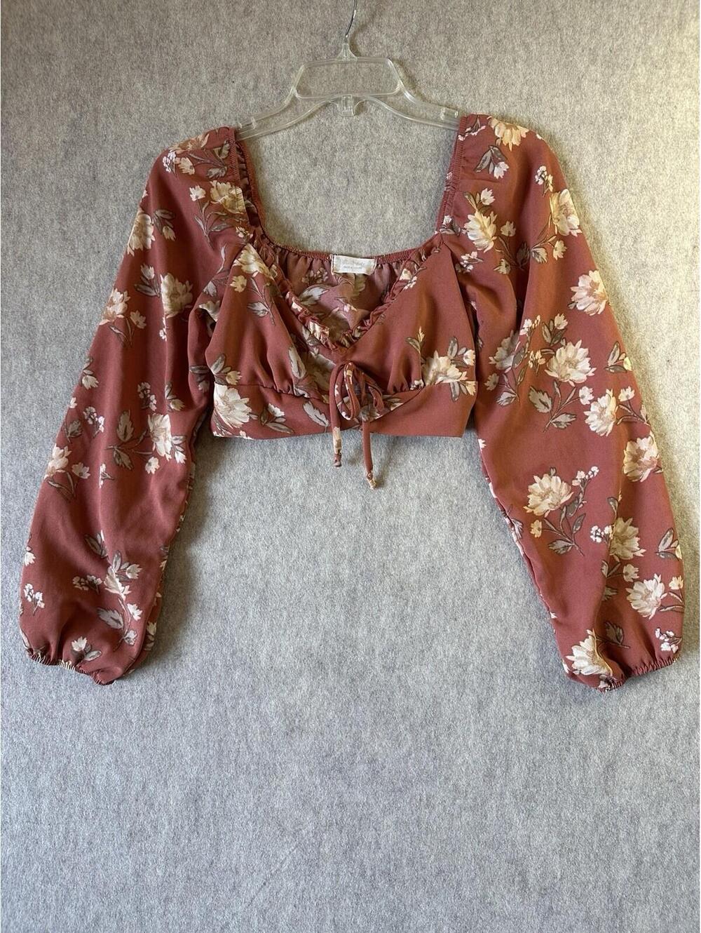 Altar’d State Floral Tie Waist V-Neck Blouse Crop Top Small Rust Color